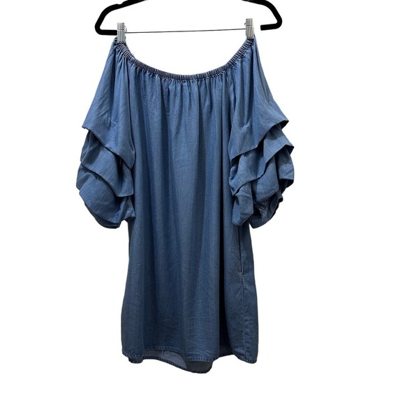 2/$30 Zara Mini Dress Premium Denim Chambray Puff Sleeve Size S Off Shoulder NWT - Picture 3 of 11